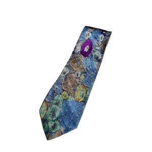 Alcione Italy 100% Silk Jacquard Tie Floral Blue Purple Green Gold Vintage 80s